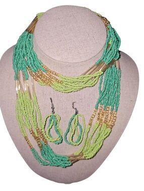 Beaded Multi-Strand Necklace and Earring Set - Mint & Lime